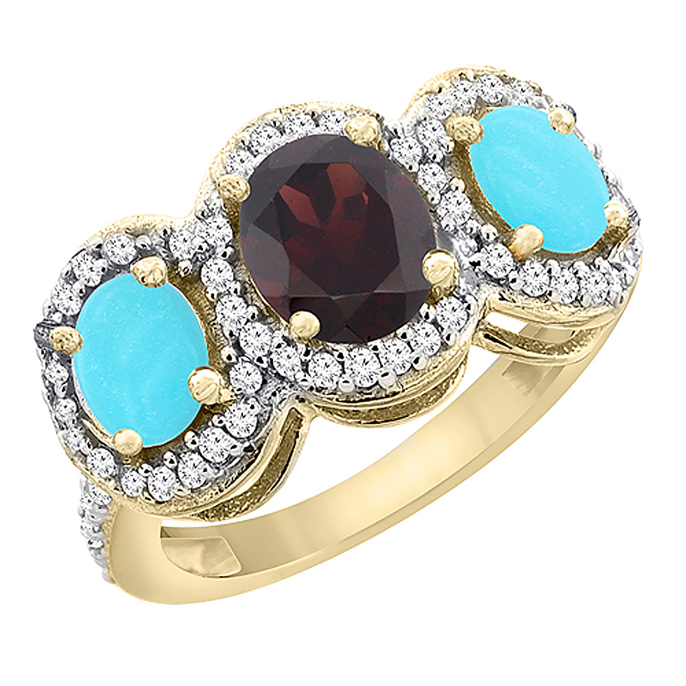 10K Yellow Gold Natural Garnet &amp; Turquoise 3-Stone Ring Oval Diamond Accent, sizes 5 - 10