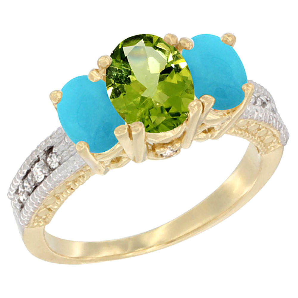 14K Yellow Gold Diamond Natural Peridot Ring Oval 3-stone with Turquoise, sizes 5 - 10