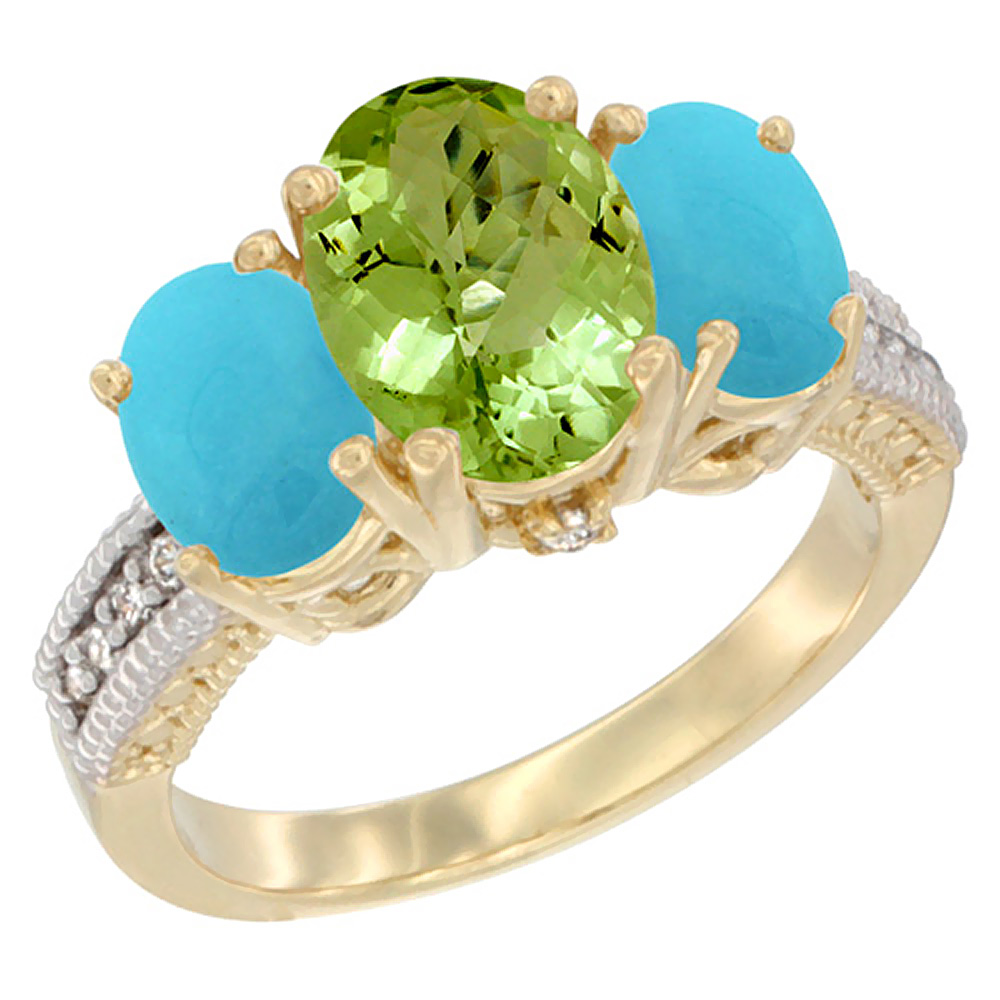 14K Yellow Gold Diamond Natural Peridot Ring 3-Stone Oval 8x6mm with Turquoise, sizes5-10