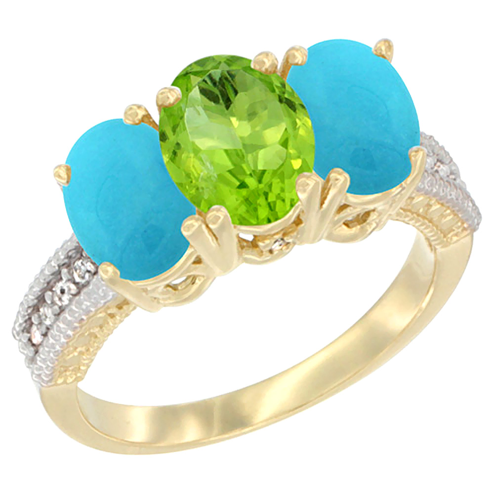 14K Yellow Gold Natural Peridot & Turquoise Sides Ring 3-Stone 7x5 mm Oval Diamond Accent, sizes 5 - 10