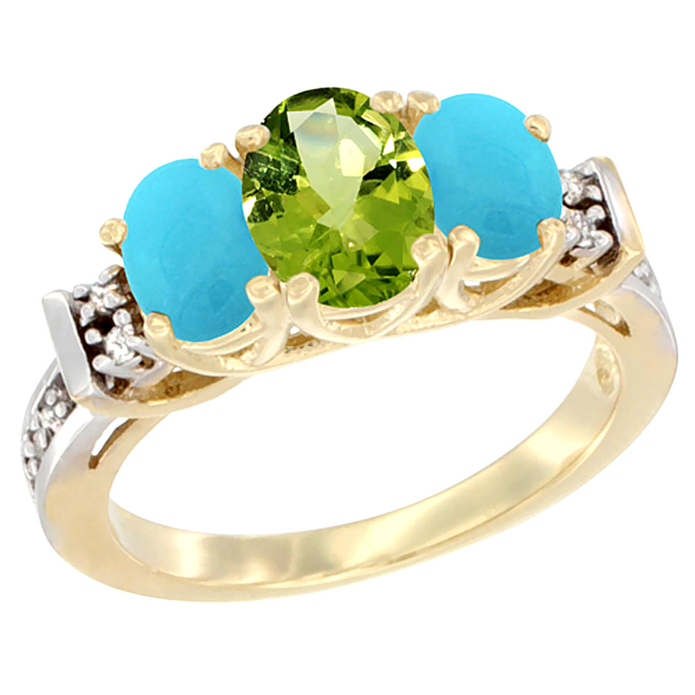 10K Yellow Gold Natural Peridot &amp; Turquoise Ring 3-Stone Oval Diamond Accent