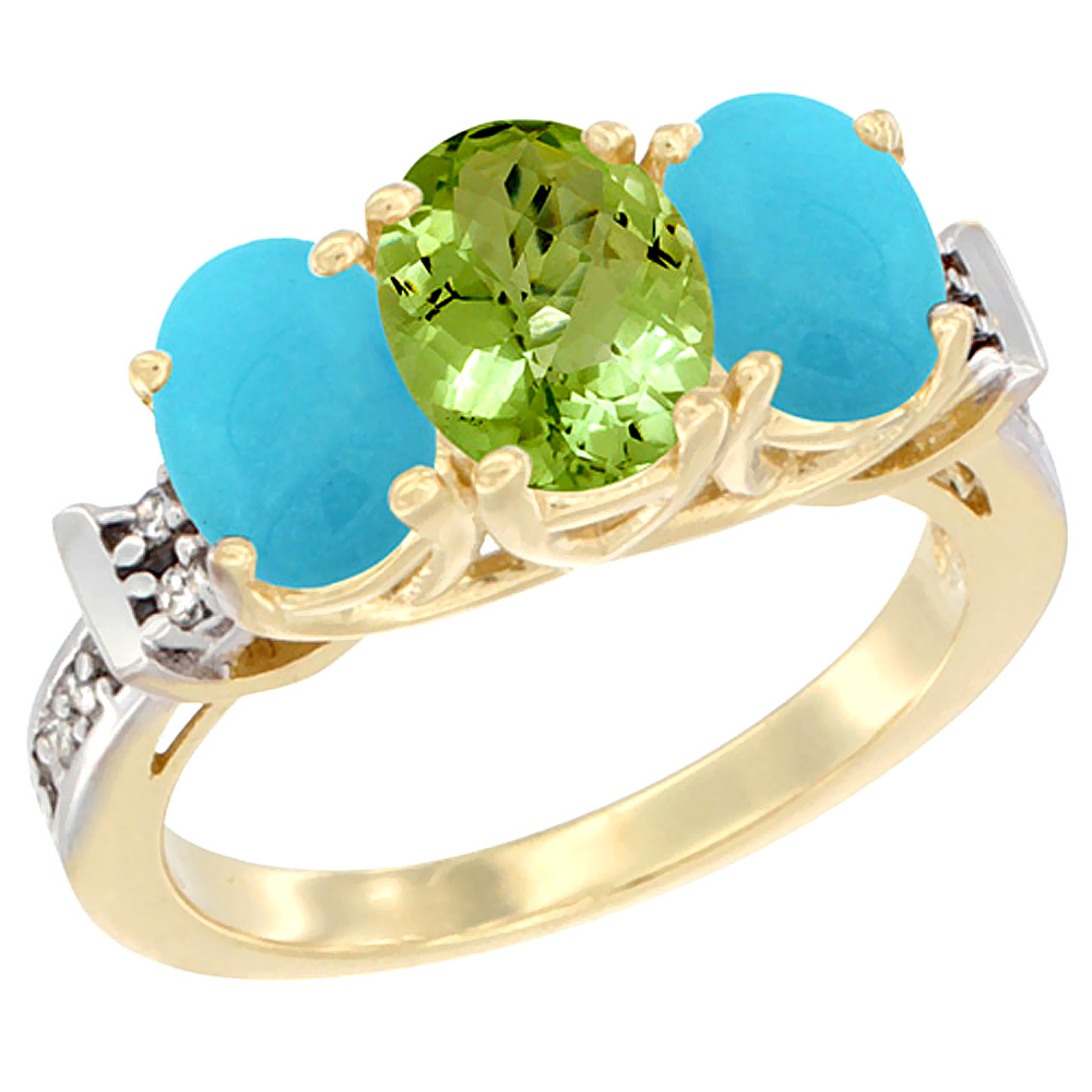 10K Yellow Gold Natural Peridot &amp; Turquoise Sides Ring 3-Stone Oval Diamond Accent, sizes 5 - 10