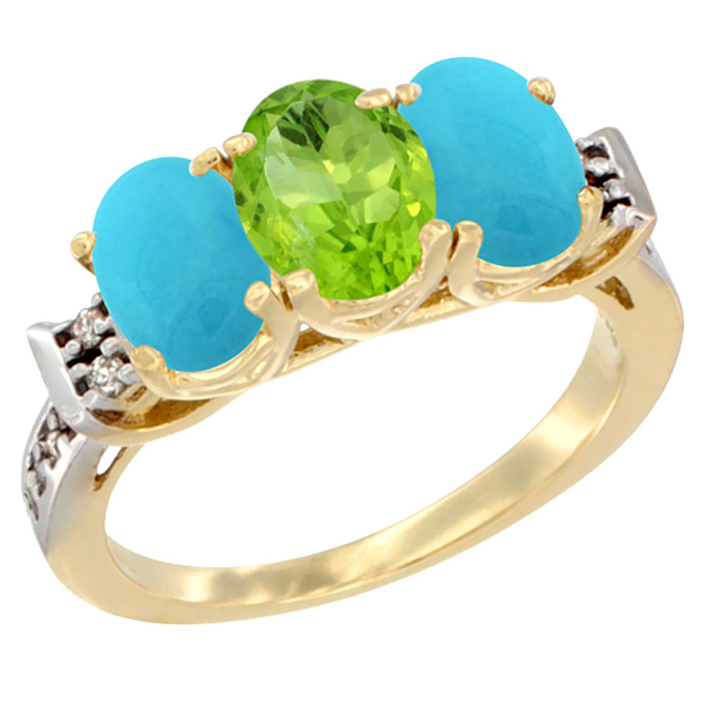 10K Yellow Gold Natural Peridot &amp; Turquoise Sides Ring 3-Stone Oval 7x5 mm Diamond Accent, sizes 5 - 10