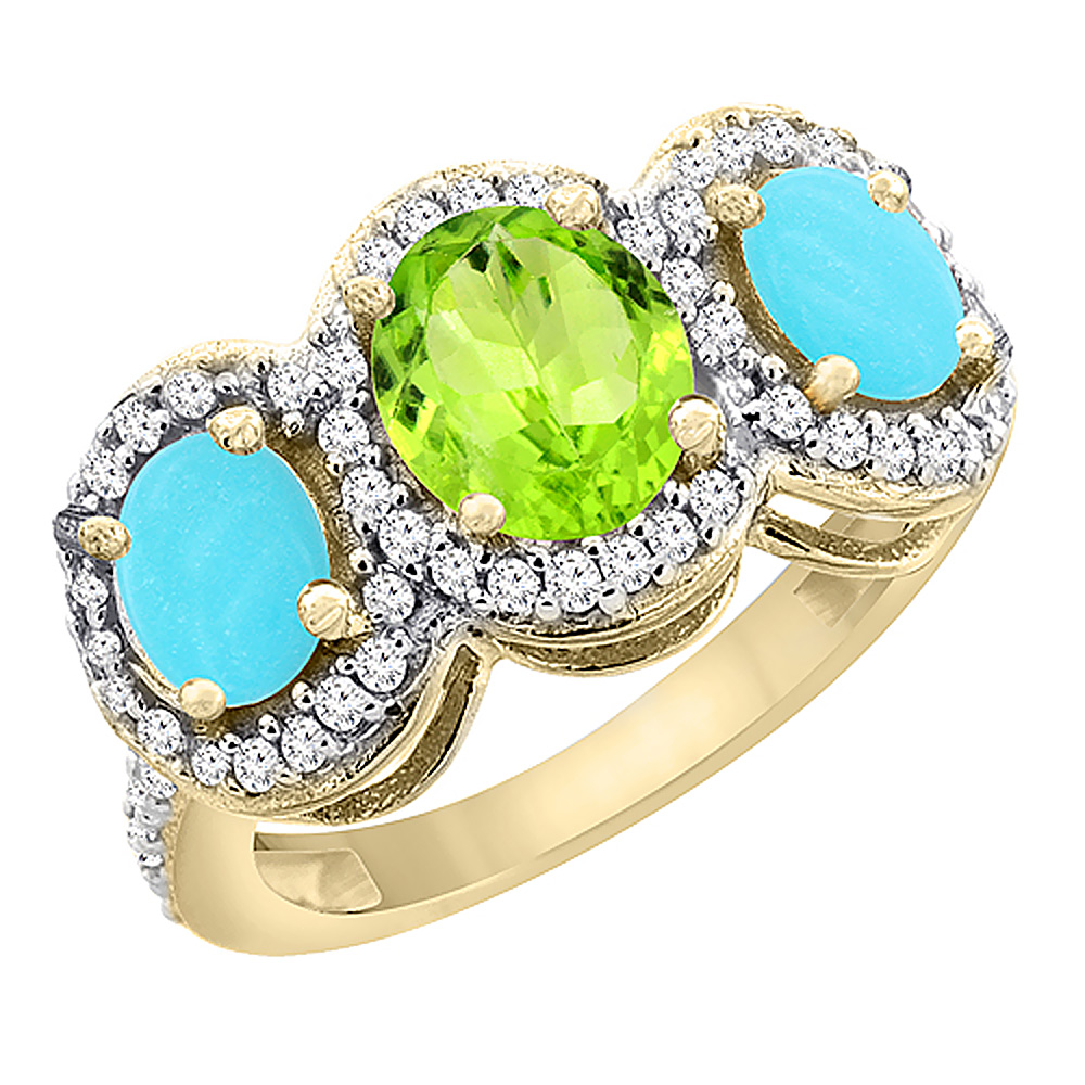 14K Yellow Gold Natural Peridot &amp; Turquoise 3-Stone Ring Oval Diamond Accent, sizes 5 - 10
