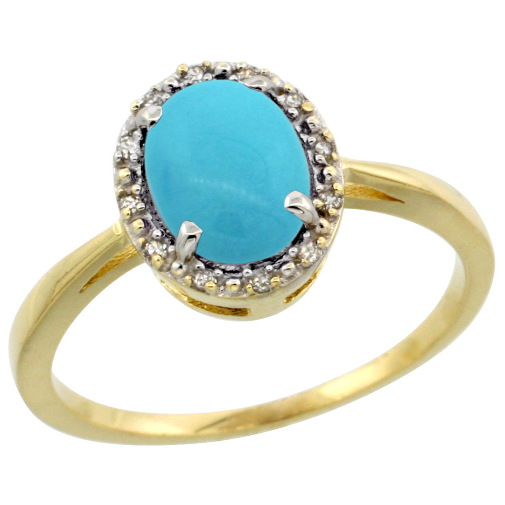 10k Yellow Gold Natural Turquoise Ring Oval 8x6 mm Diamond Halo, sizes 5-10