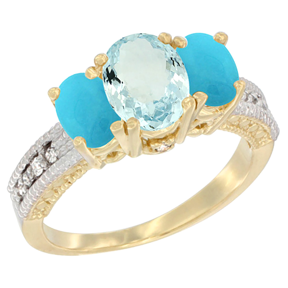 14K Yellow Gold Diamond Natural Aquamarine Ring Oval 3-stone with Turquoise, sizes 5 - 10
