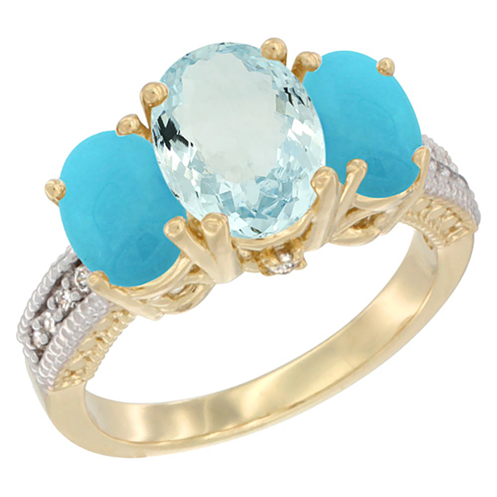 10K Yellow Gold Diamond Natural Aquamarine Ring 3-Stone Oval 8x6mm with Turquoise, sizes5-10