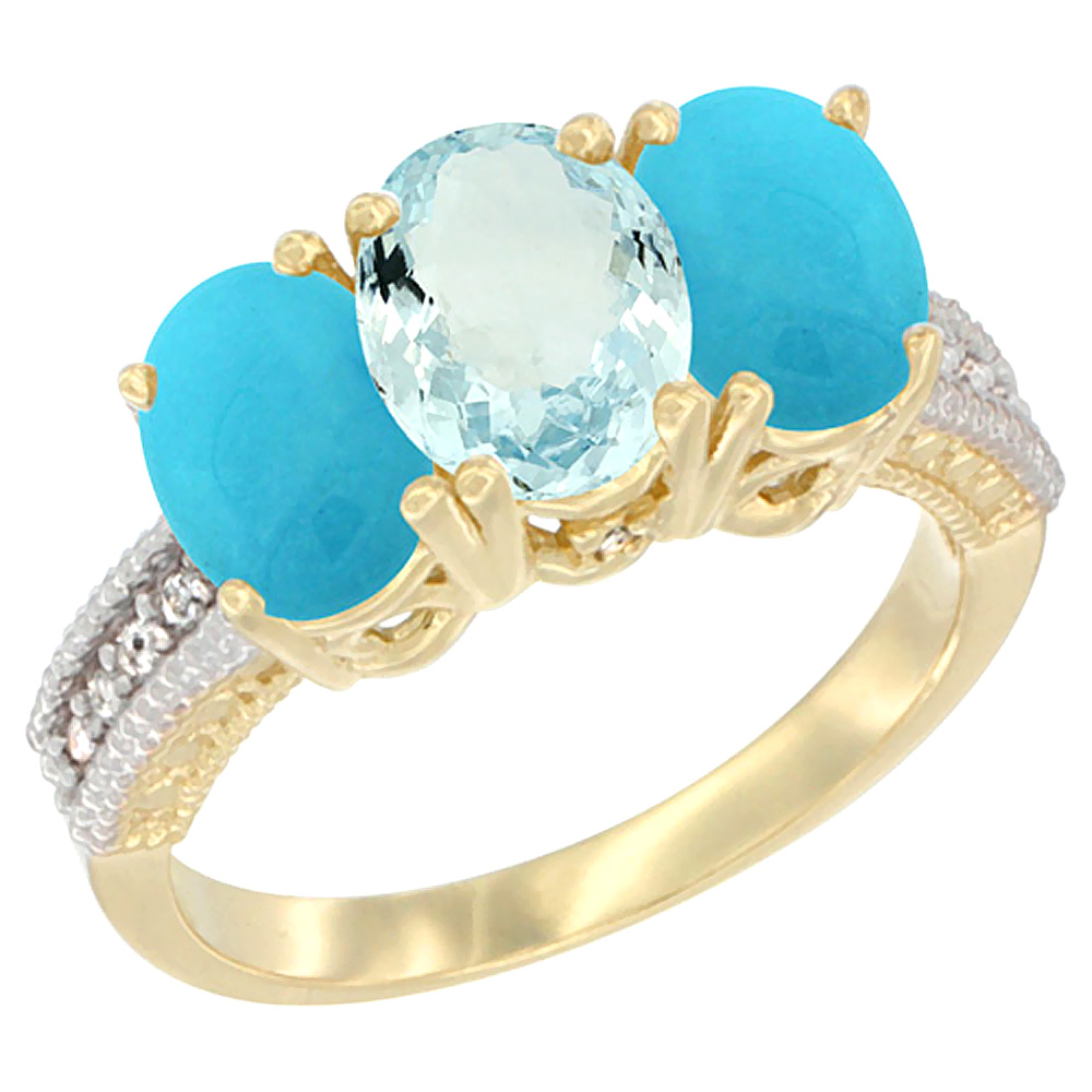 14K Yellow Gold Natural Aquamarine & Turquoise Sides Ring 3-Stone 7x5 mm Oval Diamond Accent, sizes 5 - 10