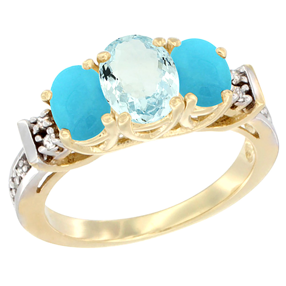 14K Yellow Gold Natural Aquamarine &amp; Turquoise Ring 3-Stone Oval Diamond Accent