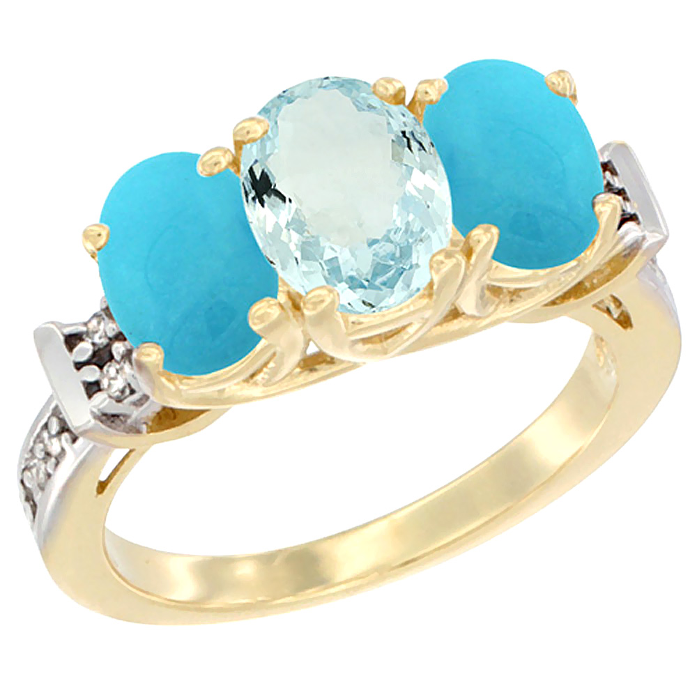 10K Yellow Gold Natural Aquamarine & Turquoise Sides Ring 3-Stone Oval Diamond Accent, sizes 5 - 10