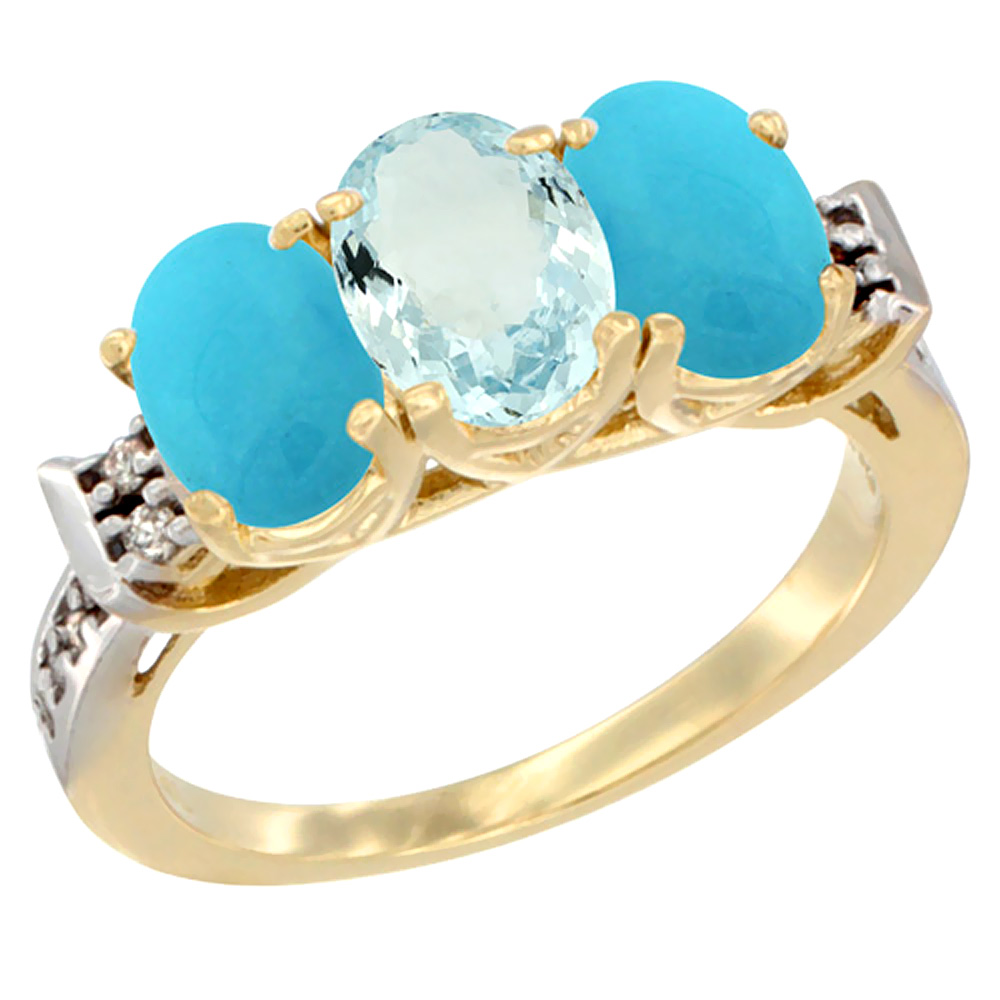 14K Yellow Gold Natural Aquamarine & Turquoise Sides Ring 3-Stone Oval 7x5 mm Diamond Accent, sizes 5 - 10