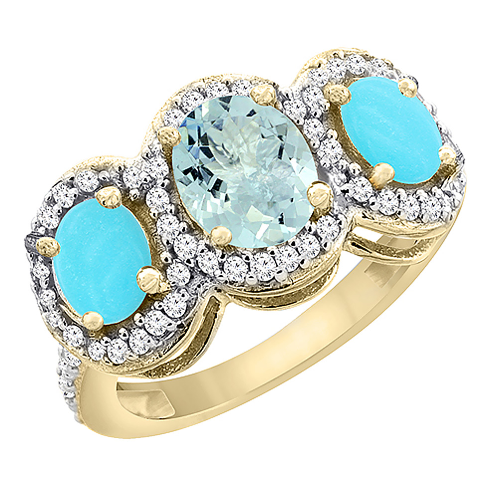 10K Yellow Gold Natural Aquamarine & Turquoise 3-Stone Ring Oval Diamond Accent, sizes 5 - 10