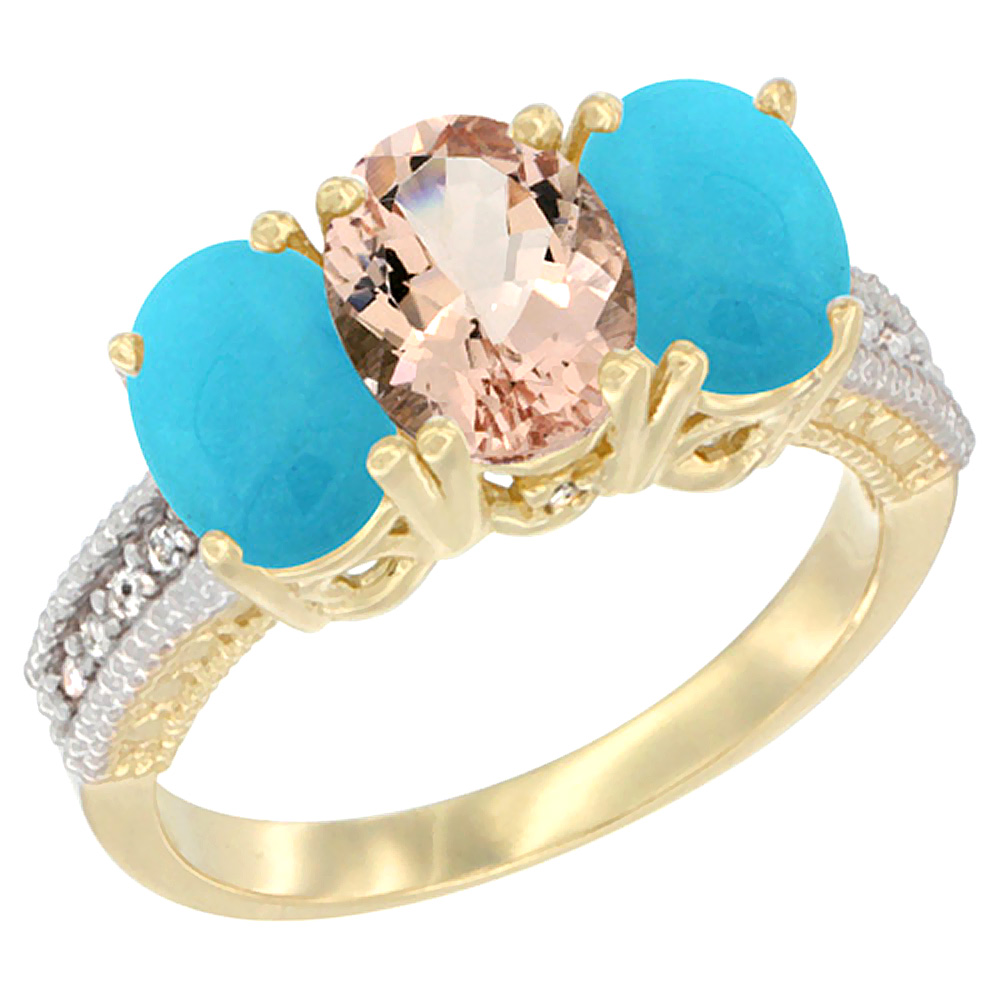 14K Yellow Gold Natural Morganite &amp; Turquoise Sides Ring 3-Stone 7x5 mm Oval Diamond Accent, sizes 5 - 10