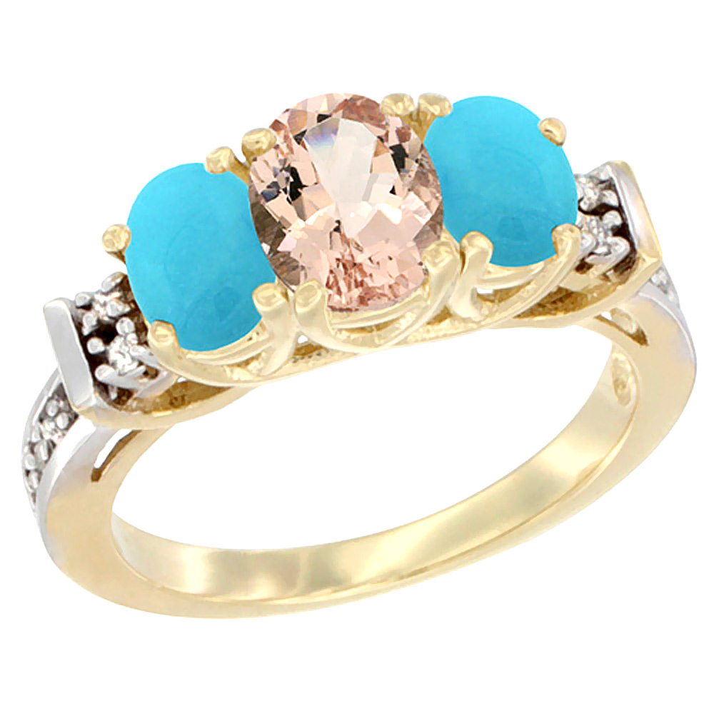 10K Yellow Gold Natural Morganite & Turquoise Ring 3-Stone Oval Diamond Accent