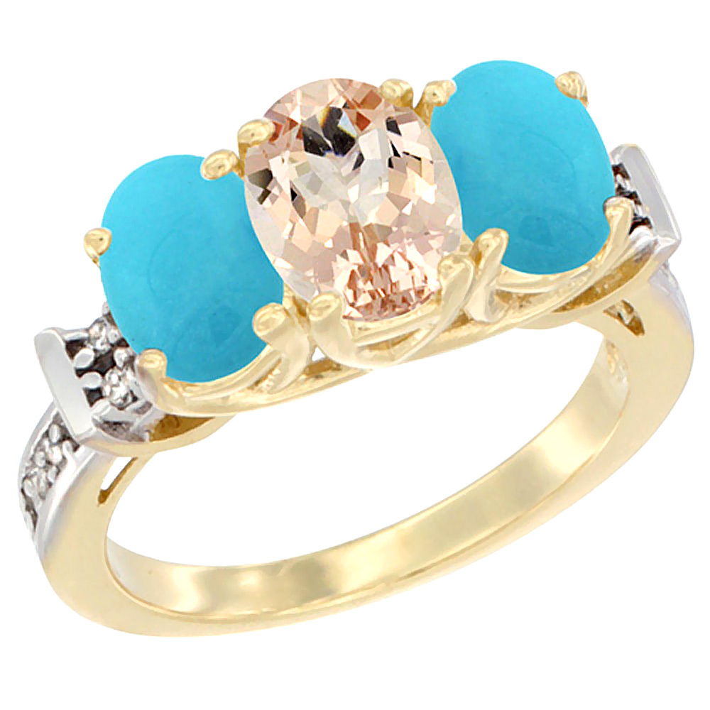 10K Yellow Gold Natural Morganite &amp; Turquoise Sides Ring 3-Stone Oval Diamond Accent, sizes 5 - 10