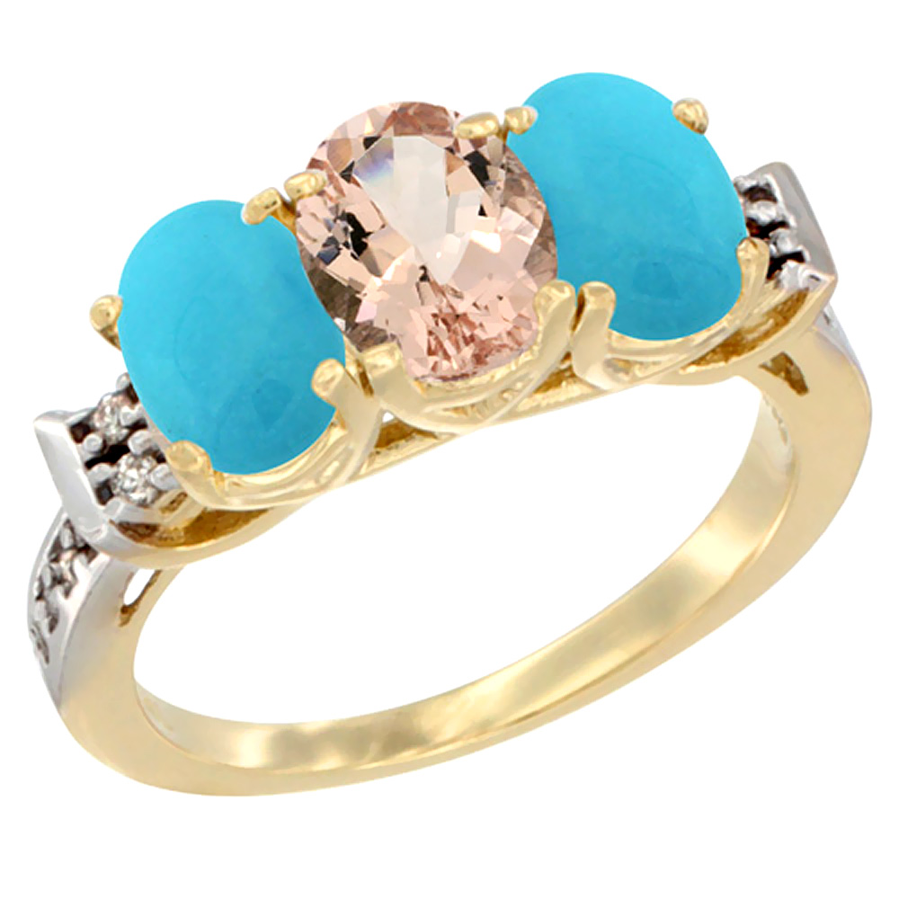 14K Yellow Gold Natural Morganite &amp; Turquoise Sides Ring 3-Stone Oval 7x5 mm Diamond Accent, sizes 5 - 10