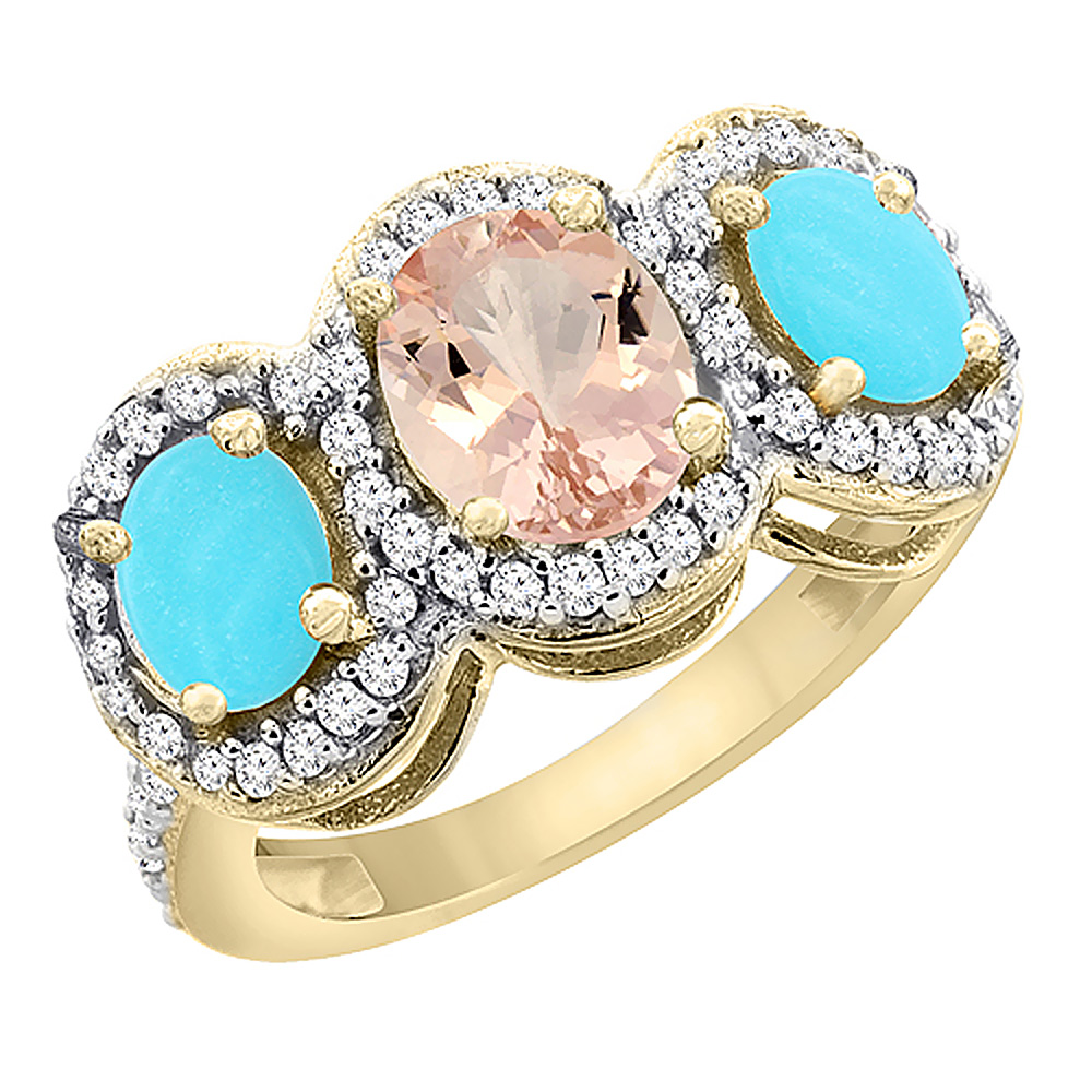 14K Yellow Gold Natural Morganite &amp; Turquoise 3-Stone Ring Oval Diamond Accent, sizes 5 - 10