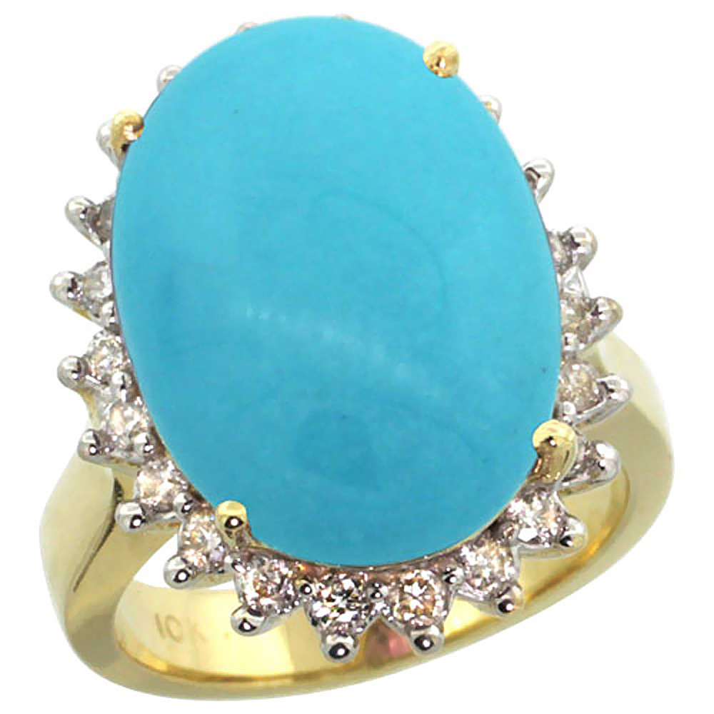 10k Yellow Gold Diamond Halo Natural Turquoise Ring Large Oval 18x13mm, sizes 5-10