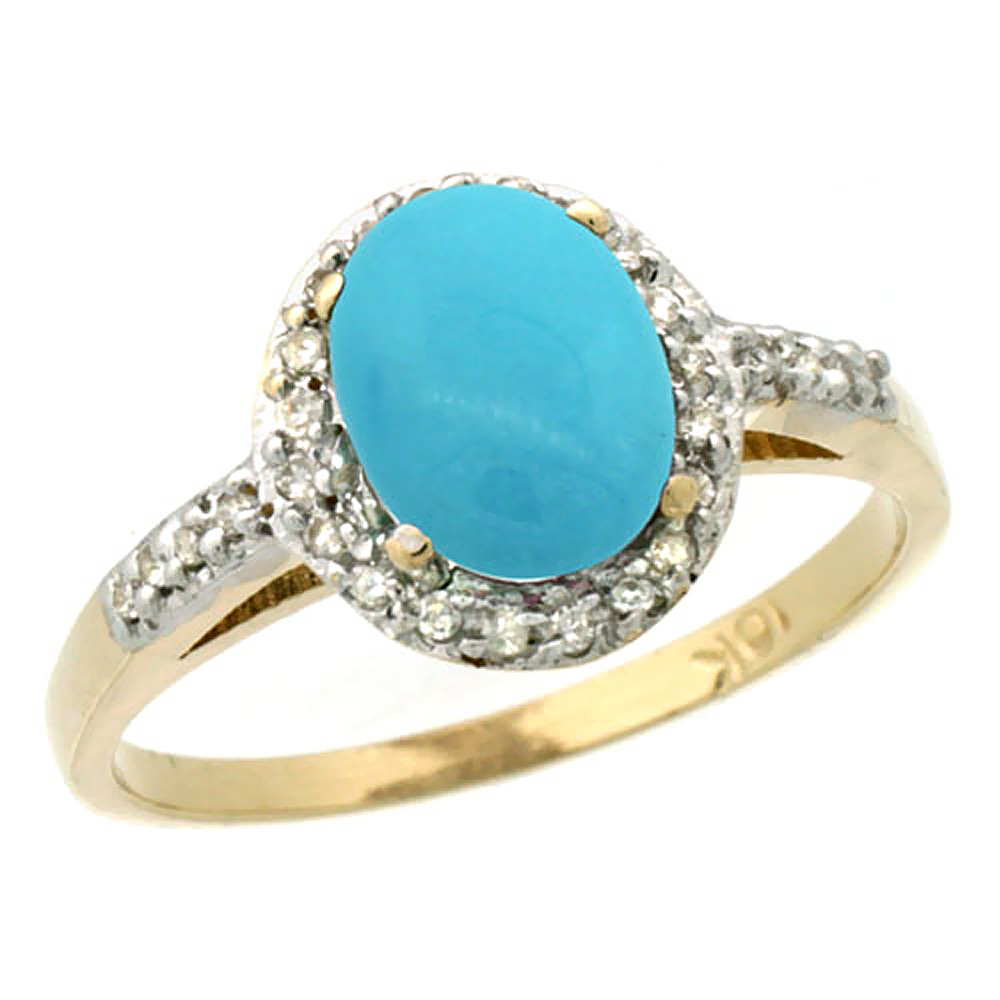 14K Yellow Gold Natural Diamond Sleeping Beauty Turquoise Ring Oval 8x6mm, sizes 5-10