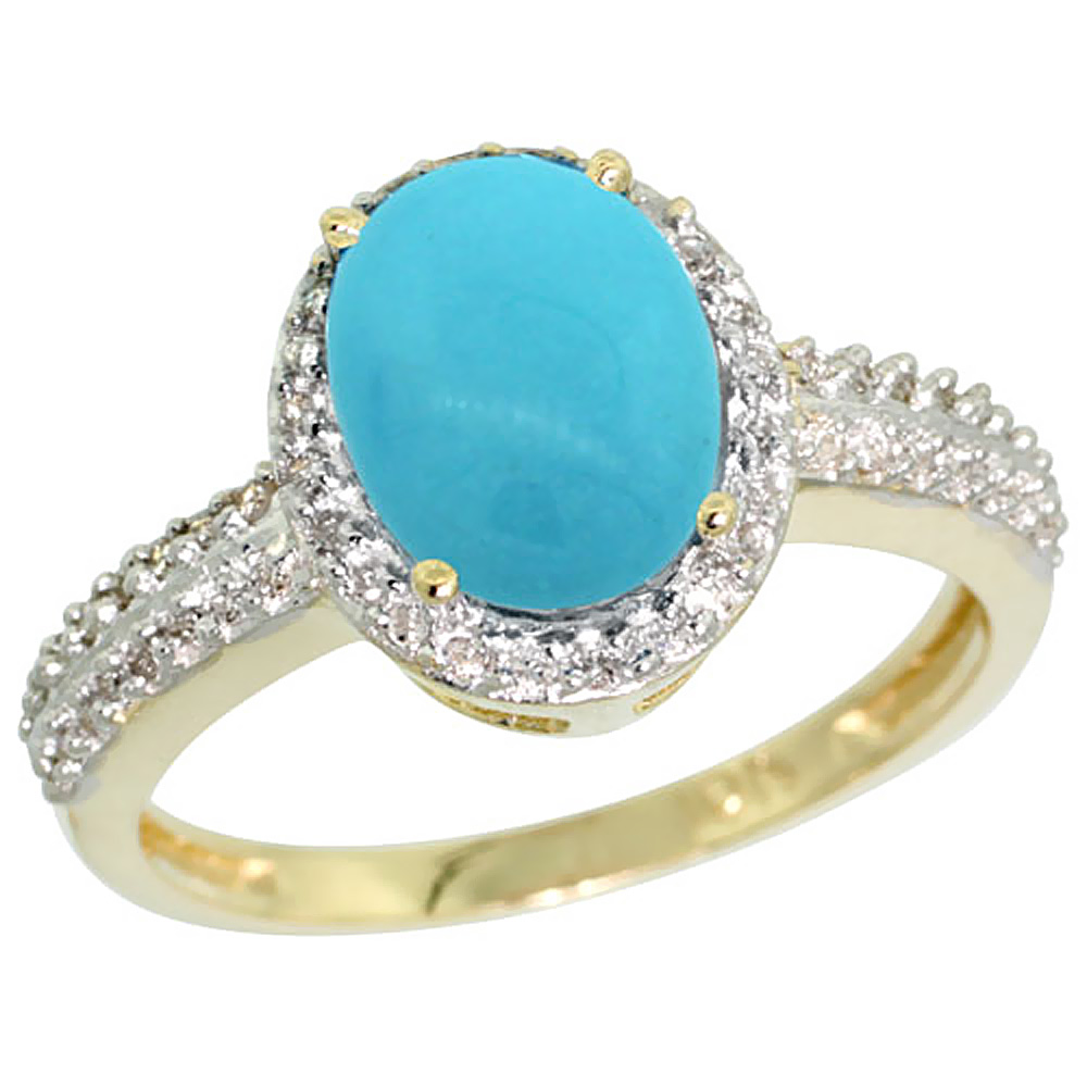 14K Yellow Gold Natural Diamond Sleeping Beauty Turquoise Ring Oval 9x7mm, sizes 5-10