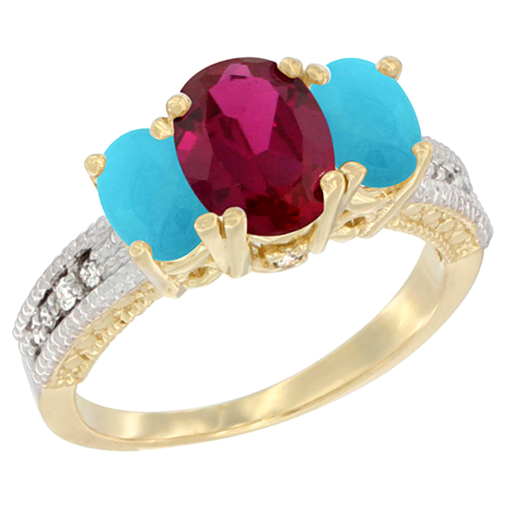14K Yellow Gold Diamond Quality Ruby 7x5mm & 6x4mm Turquoise Oval 3-stone Mothers Ring,size 5 - 10