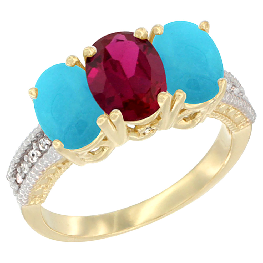 14K Yellow Gold Enhanced Ruby &amp; Natural Turquoise Sides Ring 3-Stone 7x5 mm Oval Diamond Accent, sizes 5 - 10
