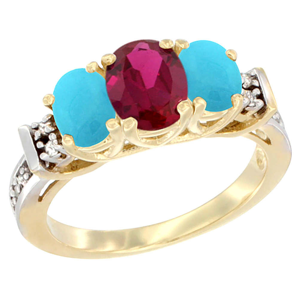 10K Yellow Gold Enhanced Ruby &amp; Natural Turquoise Ring 3-Stone Oval Diamond Accent