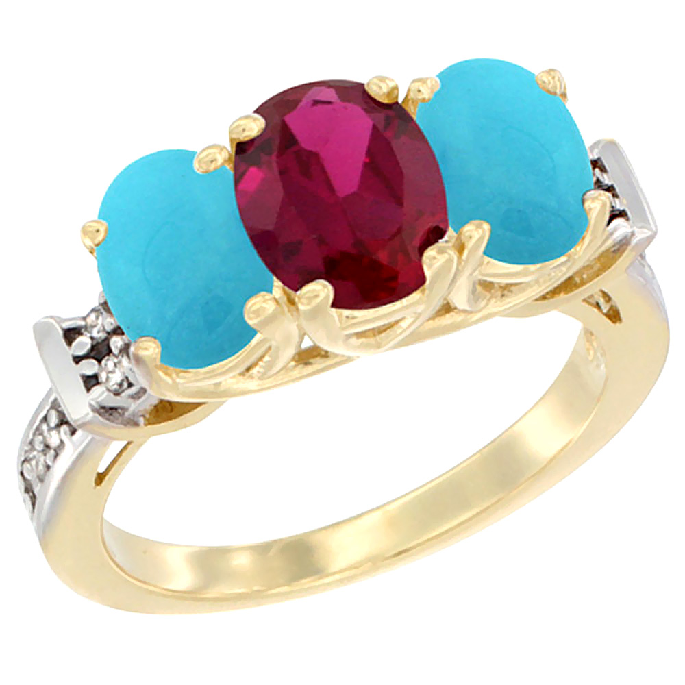 10K Yellow Gold Enhanced Ruby &amp; Turquoise Sides Ring 3-Stone Oval Diamond Accent, sizes 5 - 10