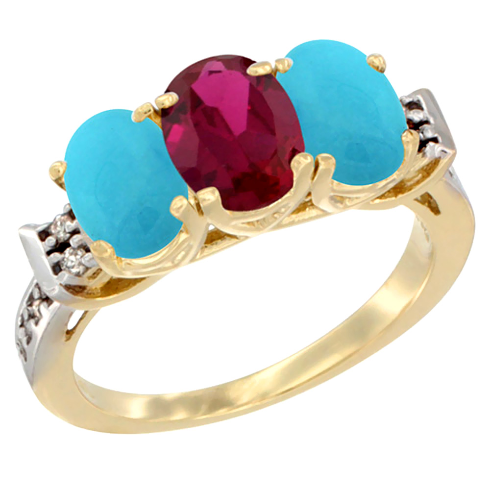 14K Yellow Gold Enhanced Ruby &amp; Natural Turquoise Sides Ring 3-Stone Oval 7x5 mm Diamond Accent, sizes 5 - 10