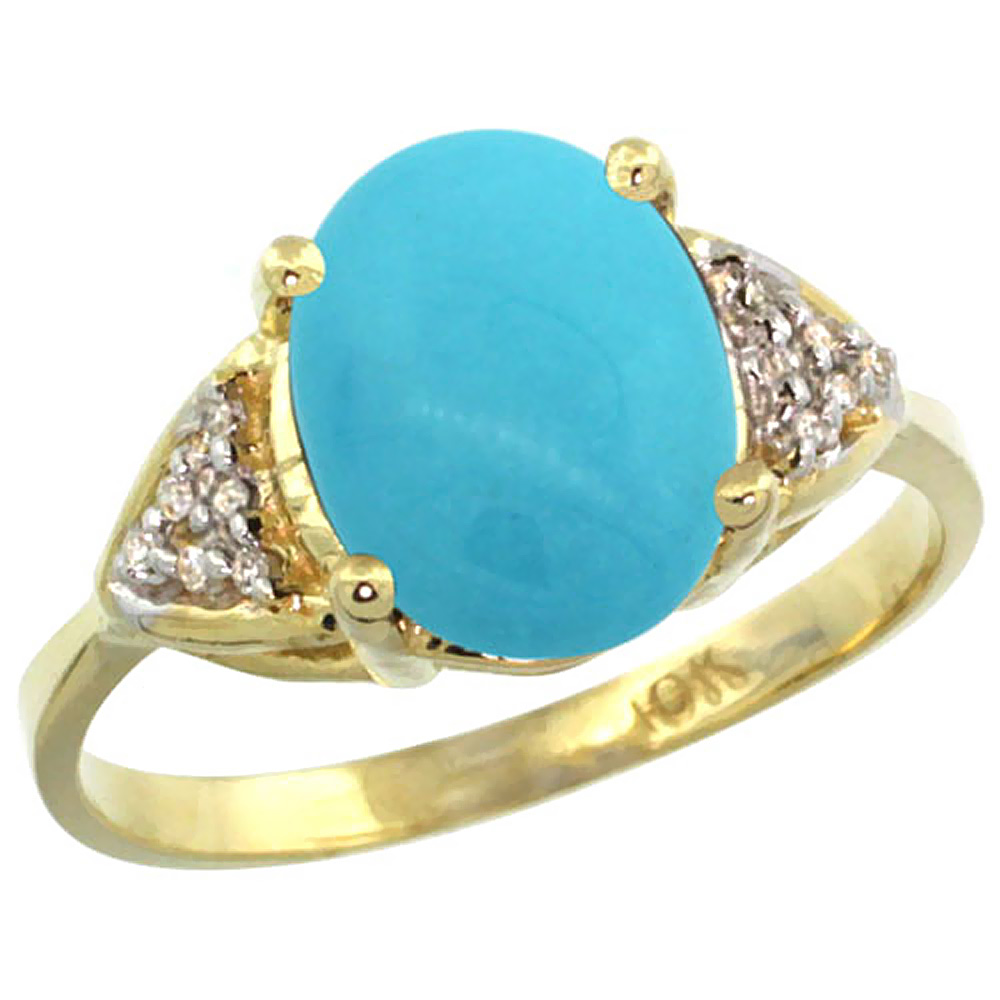 14k Yellow Gold Natural Diamond Sleeping Beauty Turquoise Engagement Ring Oval 10x8mm, sizes 5-10