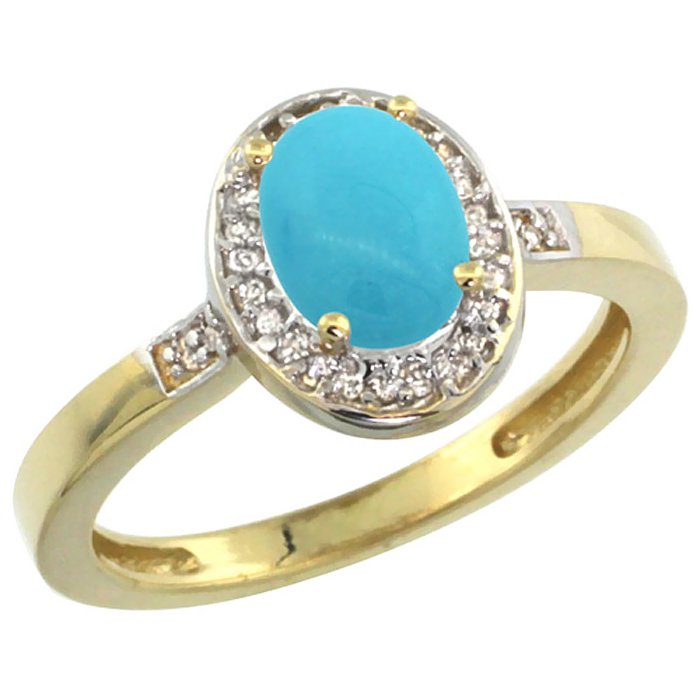 14K Yellow Gold Natural Diamond Sleeping Beauty Turquoise Engagement Ring Oval 7x5mm, sizes 5-10