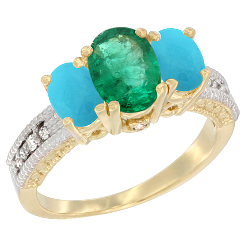 14K Yellow Gold Diamond Natural Emerald Ring Oval 3-stone with Turquoise, sizes 5 - 10