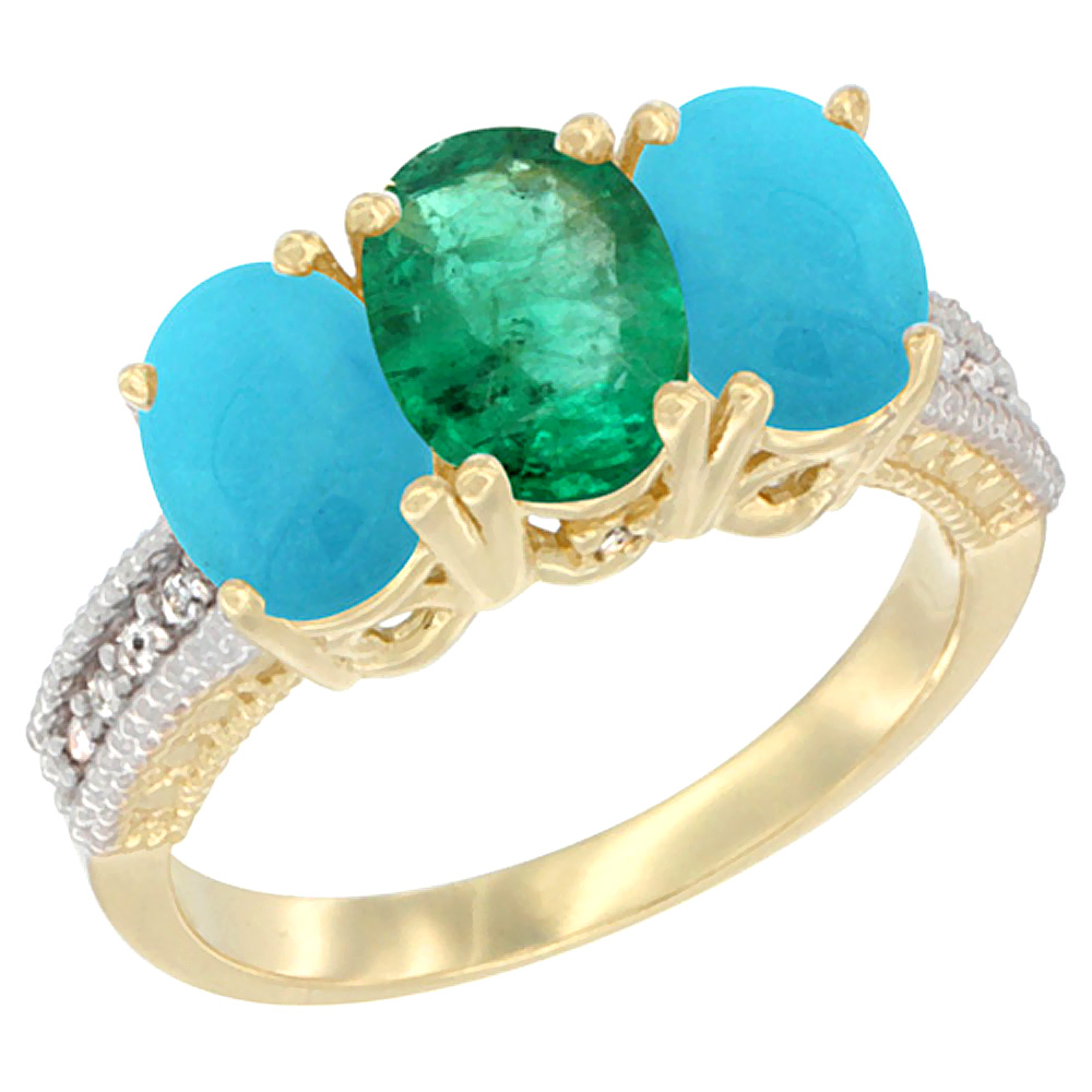 14K Yellow Gold Natural Emerald &amp; Turquoise Sides Ring 3-Stone 7x5 mm Oval Diamond Accent, sizes 5 - 10