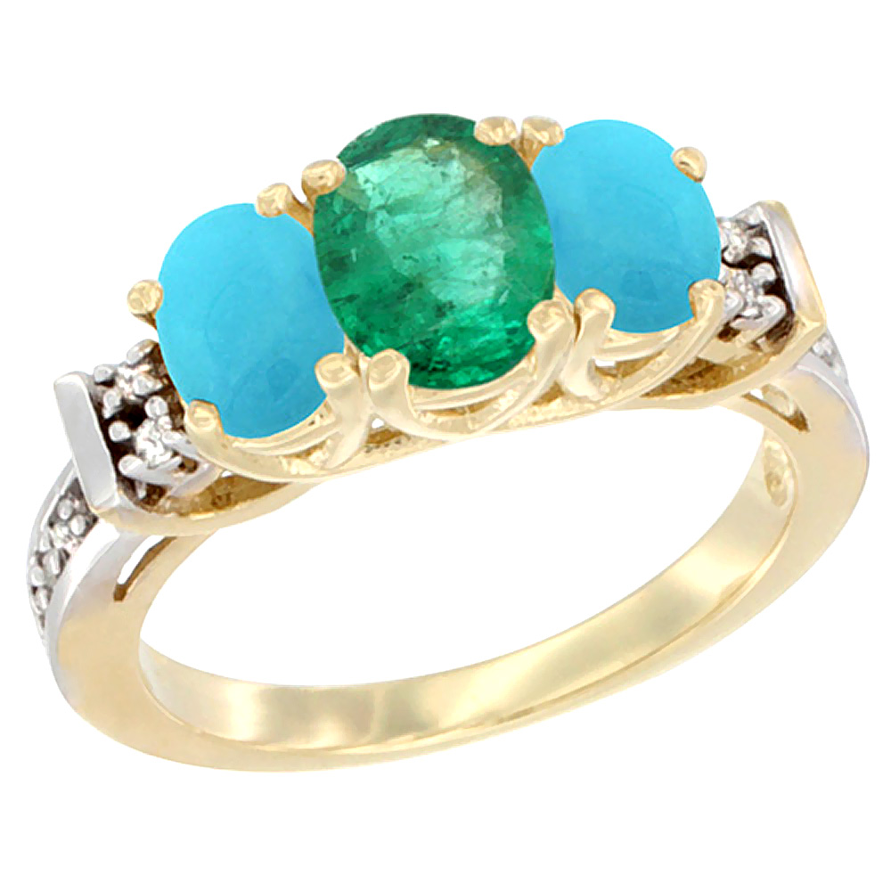 10K Yellow Gold Natural Emerald &amp; Turquoise Ring 3-Stone Oval Diamond Accent