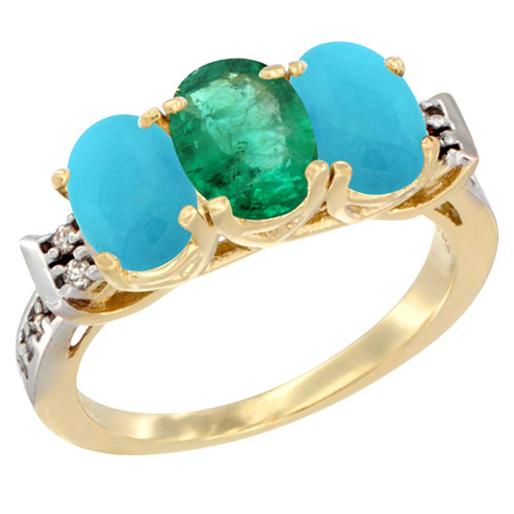 14K Yellow Gold Natural Emerald &amp; Turquoise Sides Ring 3-Stone Oval 7x5 mm Diamond Accent, sizes 5 - 10