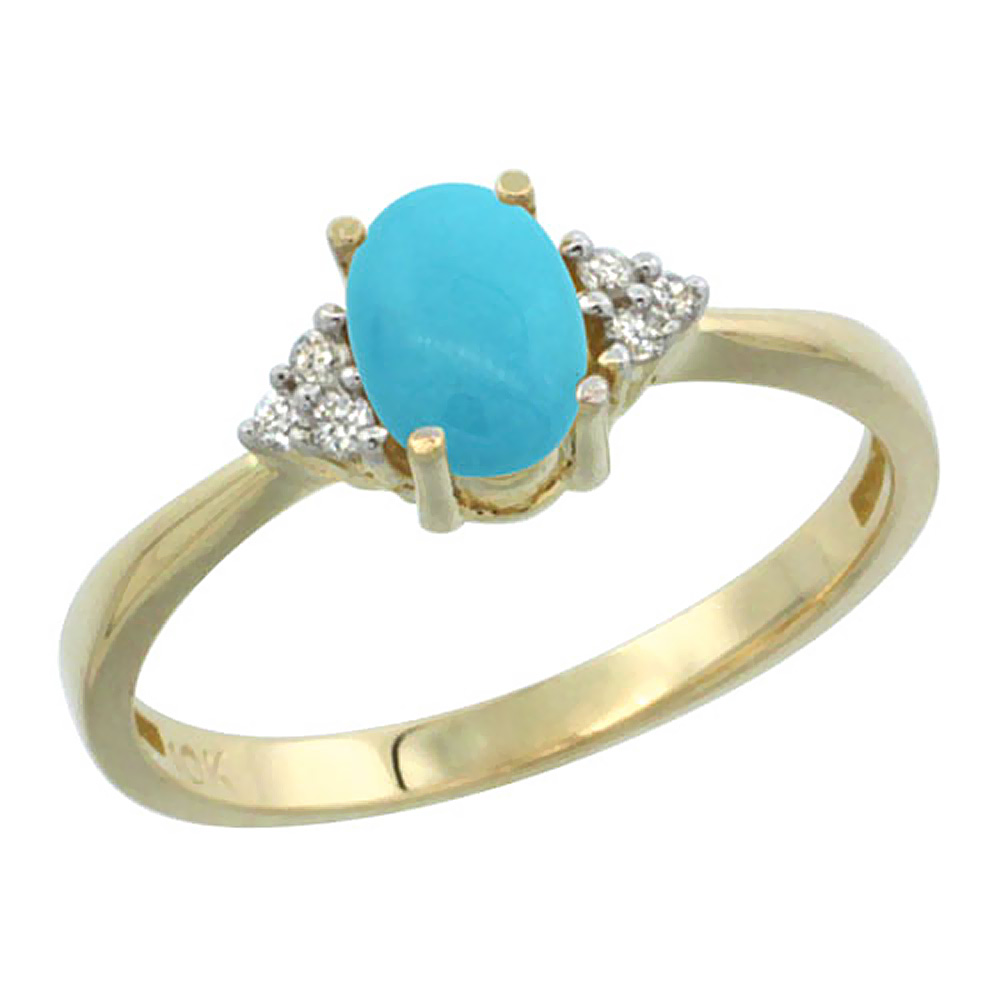10K Yellow Gold Diamond Natural Turquoise Engagement Ring Oval 7x5mm, sizes 5-10