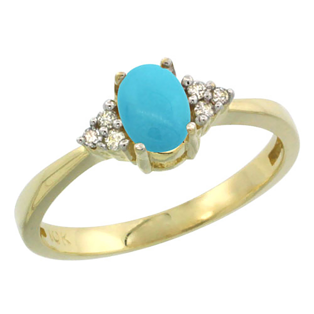 14K Yellow Gold Natural Turquoise Ring Oval 6x4mm Diamond Accent, sizes 5-10
