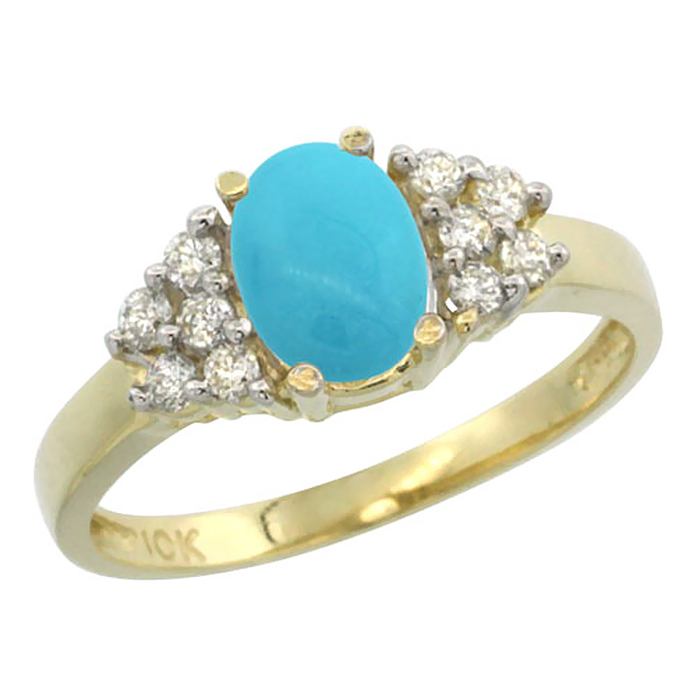 14K Yellow Gold Natural Turquoise Ring Oval 8x6mm Diamond Accent, sizes 5-10
