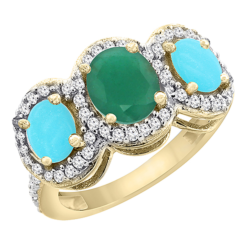 14K Yellow Gold Natural Quality Emerald & Turquoise 3-stone Mothers Ring Oval Diamond Accent, size 5 - 10
