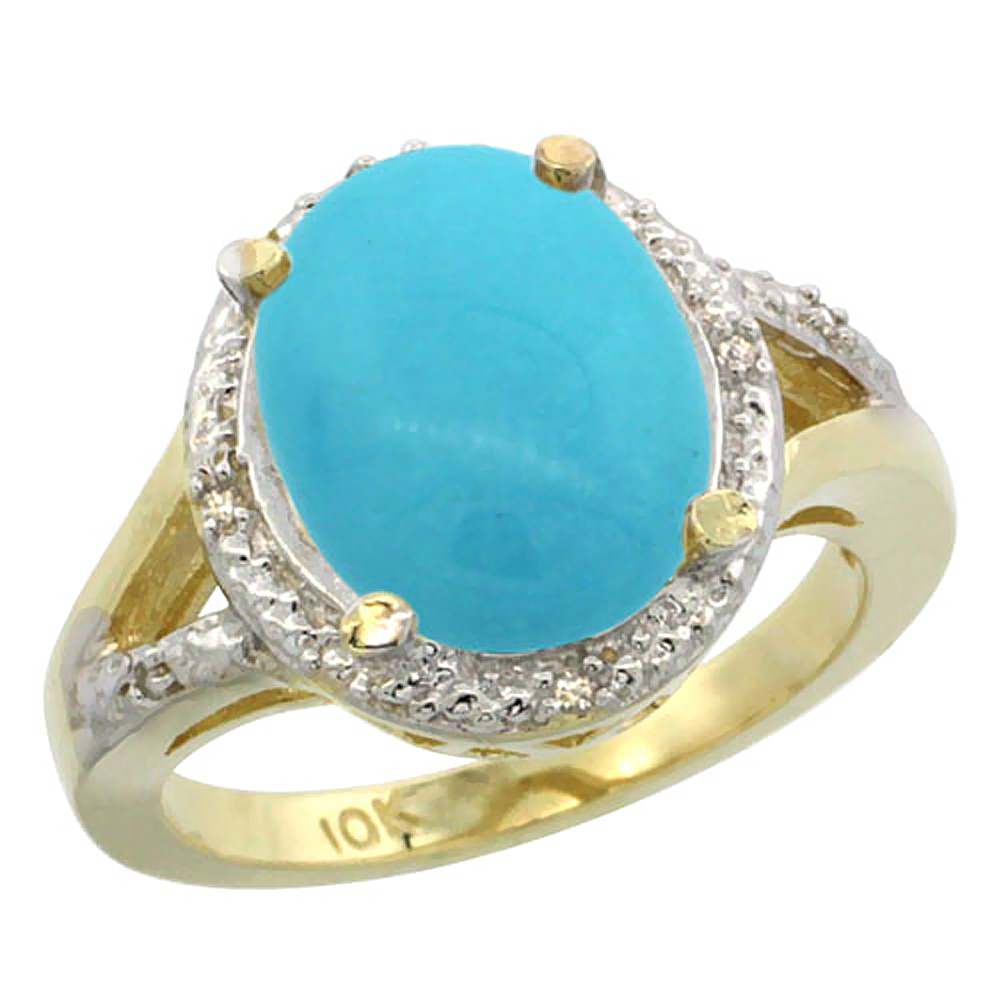 14K Yellow Gold Natural Turquoise Ring Oval 12x10mm Diamond Accent, sizes 5-10