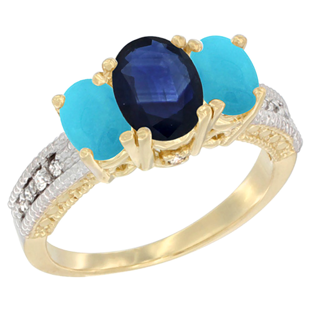 10K Yellow Gold Diamond Natural Blue Sapphire Ring Oval 3-stone with Turquoise, sizes 5 - 10