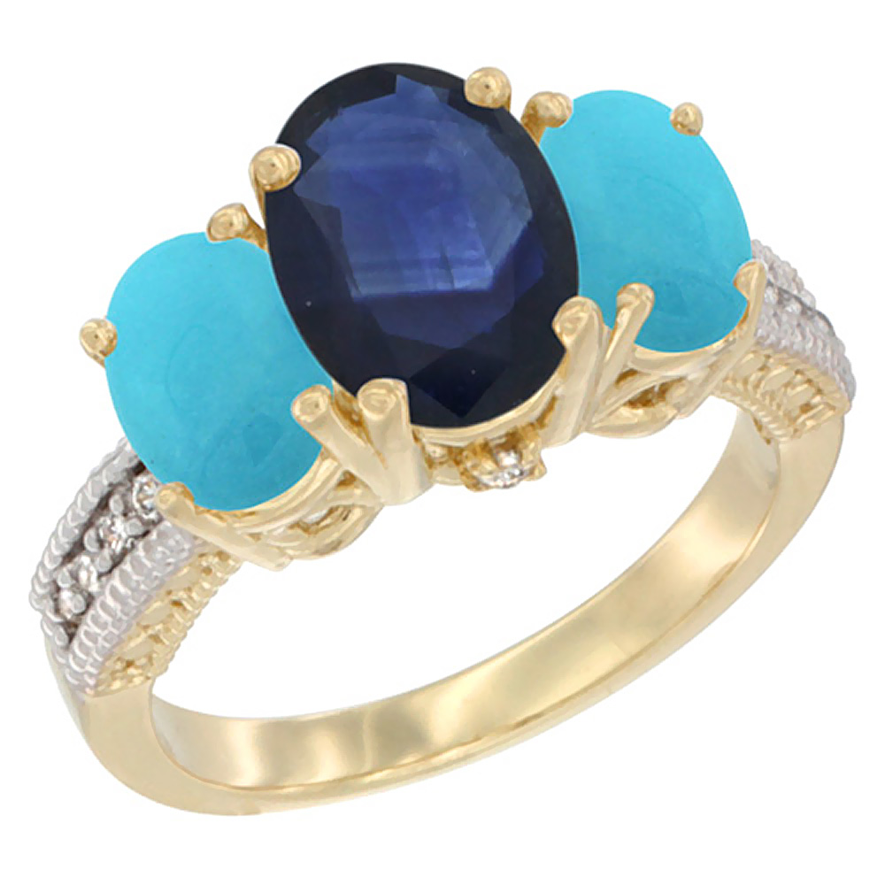 10K Yellow Gold Diamond Natural Blue Sapphire Ring 3-Stone Oval 8x6mm with Turquoise, sizes5-10