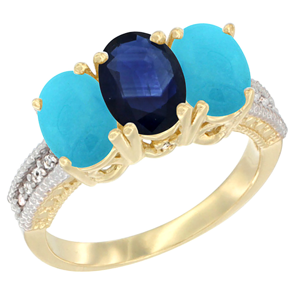 14K Yellow Gold Natural Blue Sapphire &amp; Turquoise Sides Ring 3-Stone 7x5 mm Oval Diamond Accent, sizes 5 - 10