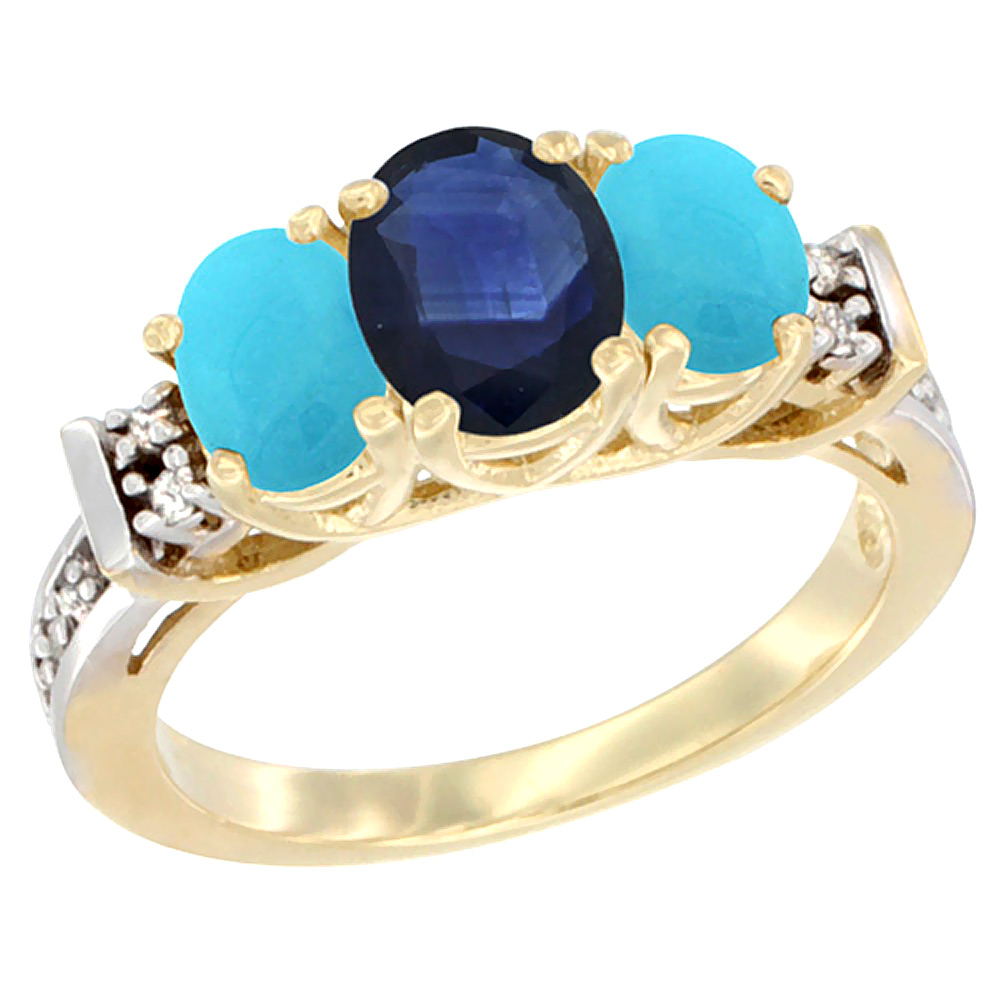 10K Yellow Gold Natural Blue Sapphire &amp; Turquoise Ring 3-Stone Oval Diamond Accent
