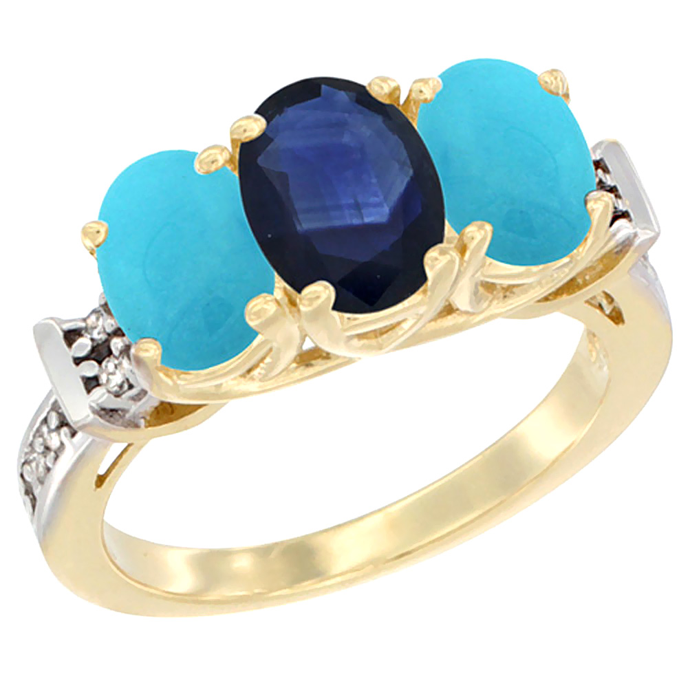 14K Yellow Gold Natural Blue Sapphire &amp; Turquoise Sides Ring 3-Stone Oval Diamond Accent, sizes 5 - 10