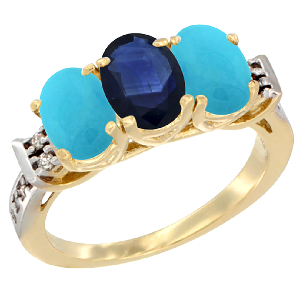 14K Yellow Gold Natural Blue Sapphire & Turquoise Sides Ring 3-Stone Oval 7x5 mm Diamond Accent, sizes 5 - 10