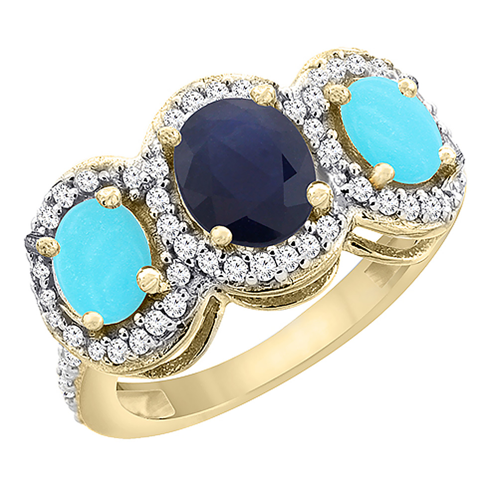 10K Yellow Gold Natural Blue Sapphire &amp; Turquoise 3-Stone Ring Oval Diamond Accent, sizes 5 - 10