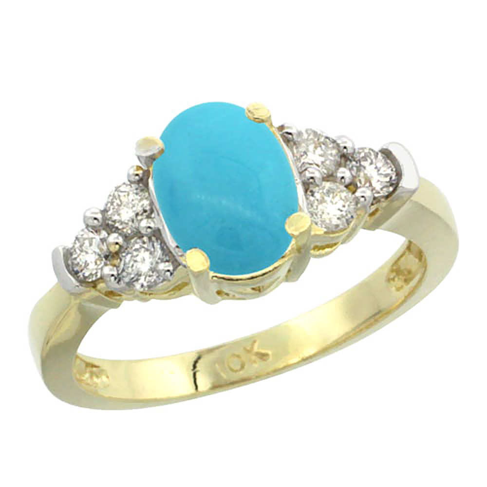14K Yellow Gold Natural Turquoise Ring Oval 9x7mm Diamond Accent, sizes 5-10