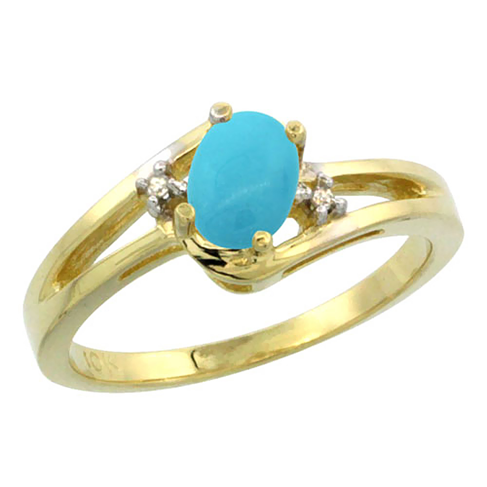 10K Yellow Gold Diamond Natural Turquoise Ring Oval 6x4 mm, sizes 5-10