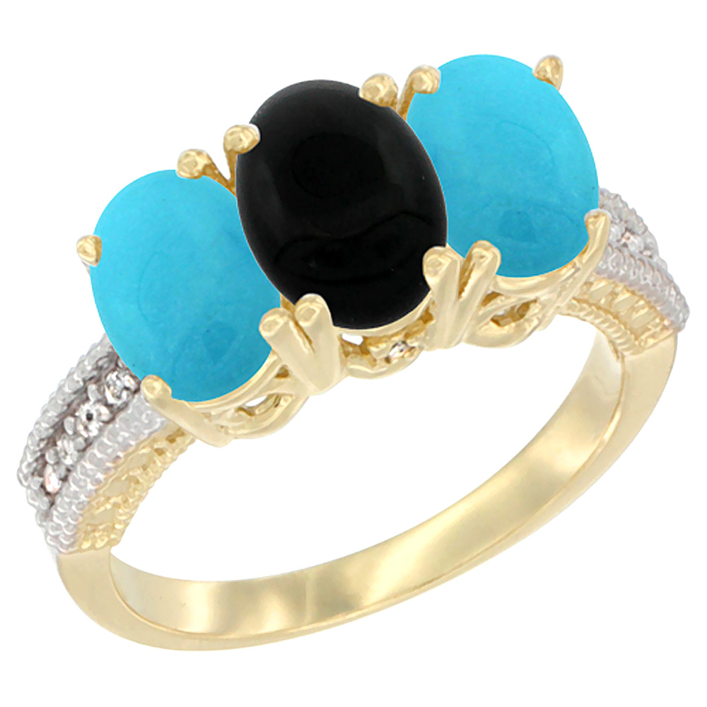 14K Yellow Gold Natural Black Onyx &amp; Turquoise Sides Ring 3-Stone 7x5 mm Oval Diamond Accent, sizes 5 - 10